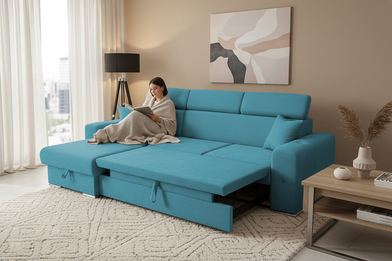 Colțar Extensibil BELLAGIO, șezlong interschimbabil, cu ladă de depozitare, cu tetiere reglabile, 280x170x100 cm Prestige Home