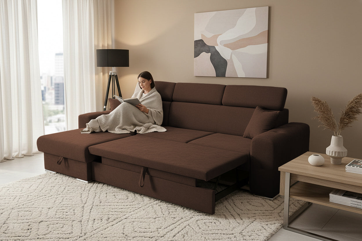 Colțar Extensibil BELLAGIO, șezlong interschimbabil, cu ladă de depozitare, cu tetiere reglabile, 280x170x100 cm Prestige Home