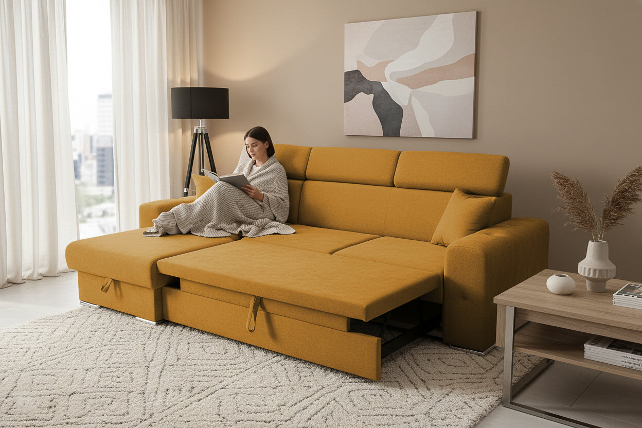 Colțar Extensibil BELLAGIO, șezlong interschimbabil, cu ladă de depozitare, cu tetiere reglabile, 280x170x100 cm Prestige Home