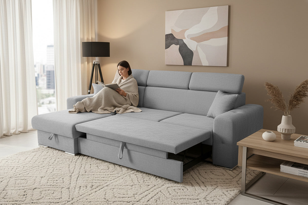 Colțar Extensibil BELLAGIO, șezlong interschimbabil, cu ladă de depozitare, cu tetiere reglabile, 280x170x100 cm Prestige Home