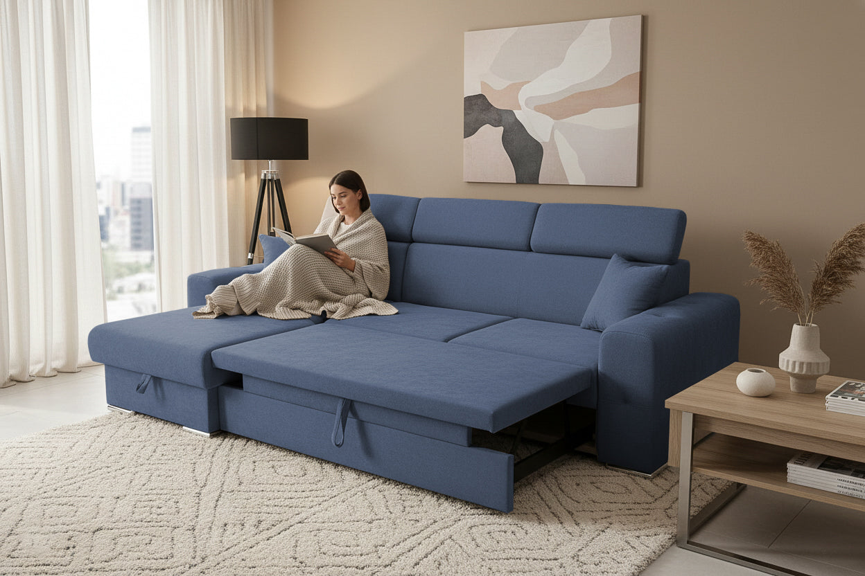 Colțar Extensibil BELLAGIO, șezlong interschimbabil, cu ladă de depozitare, cu tetiere reglabile, 280x170x100 cm Prestige Home