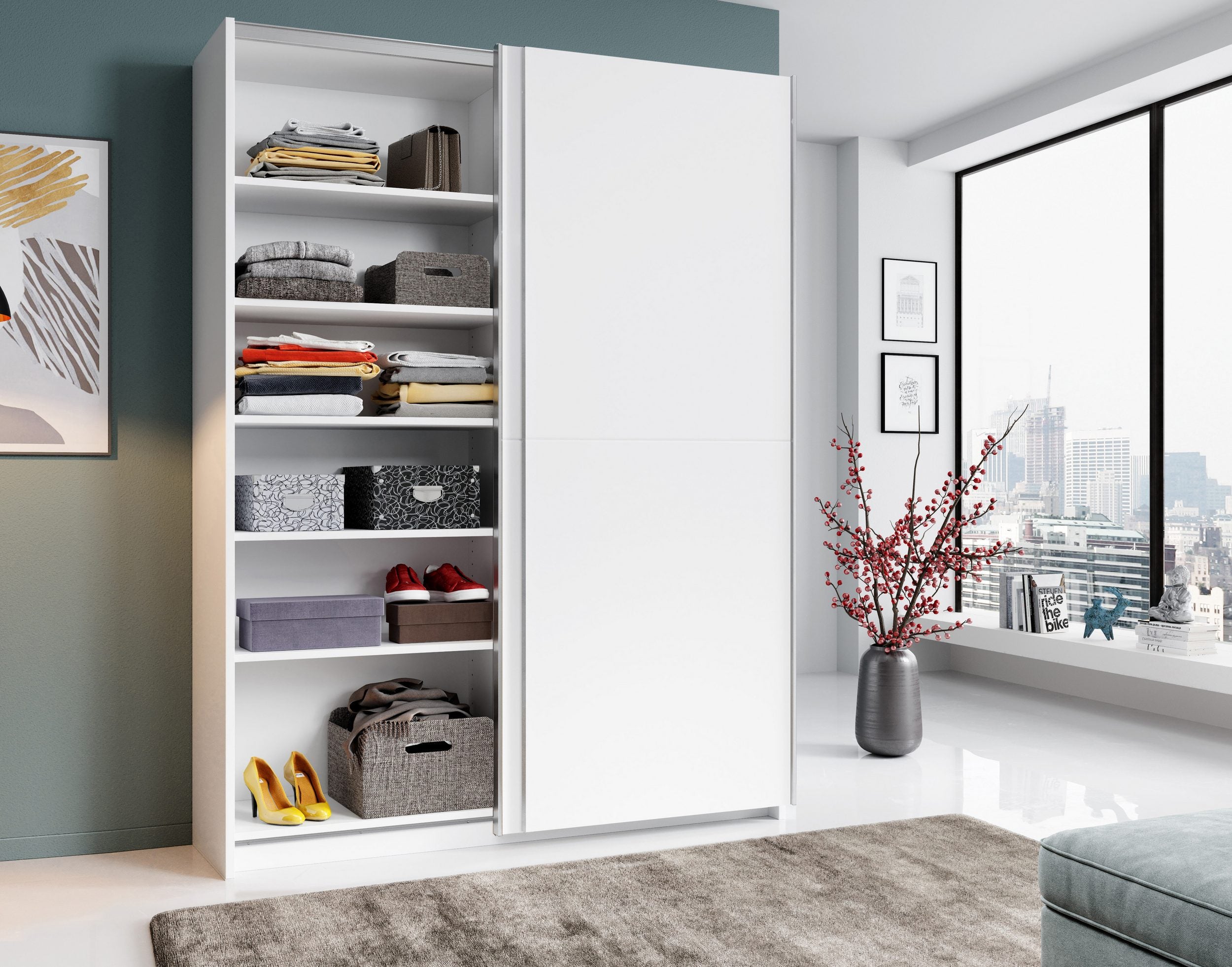 Dulap cu usi glisante Heimo , Alb , 150 cm latime , 38 cm adancime Arboteca