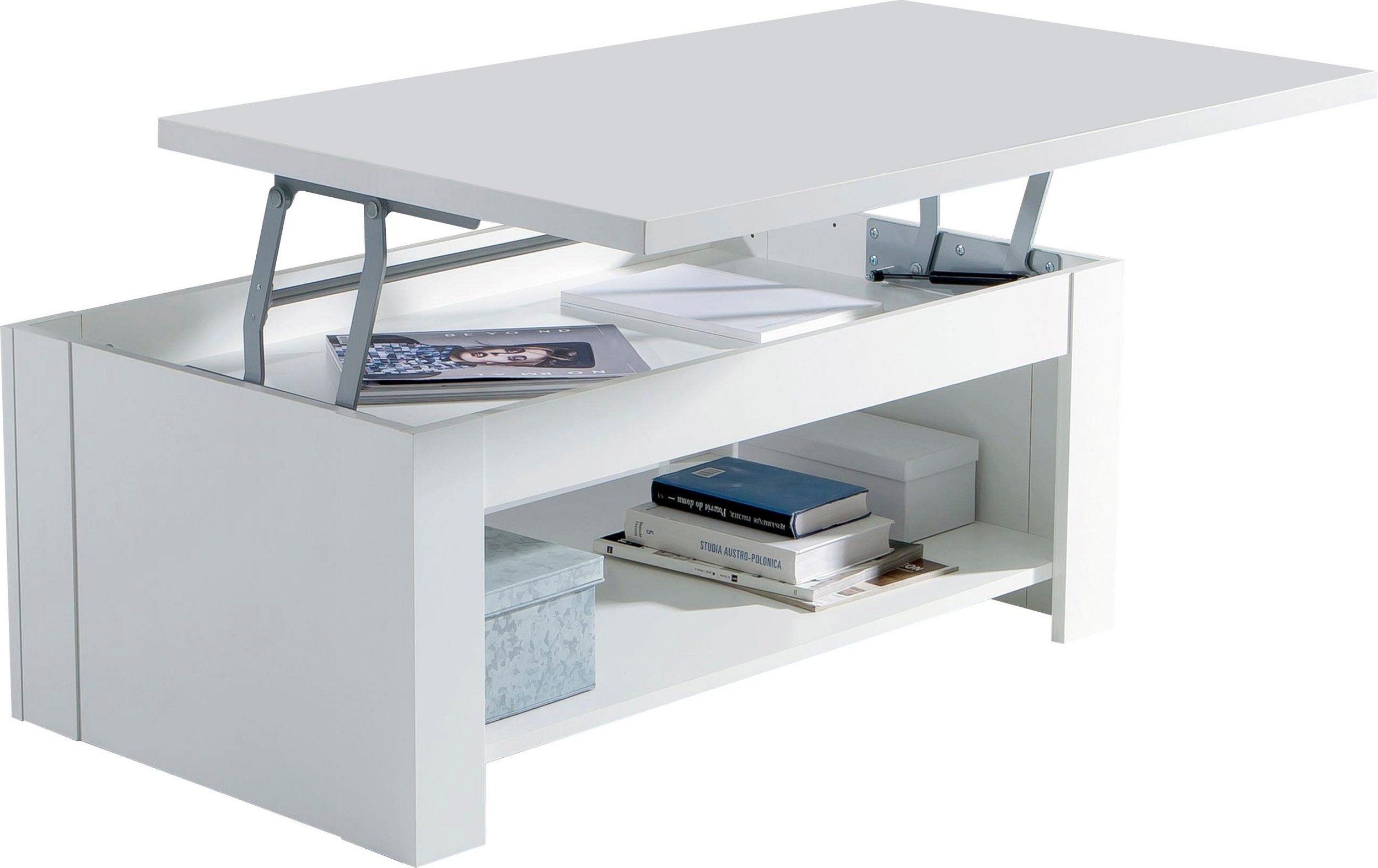 Măsuță de cafea reglabilă pe inaltime FORTE, alb lucios, cu raft, 110×65 cm Arboteca