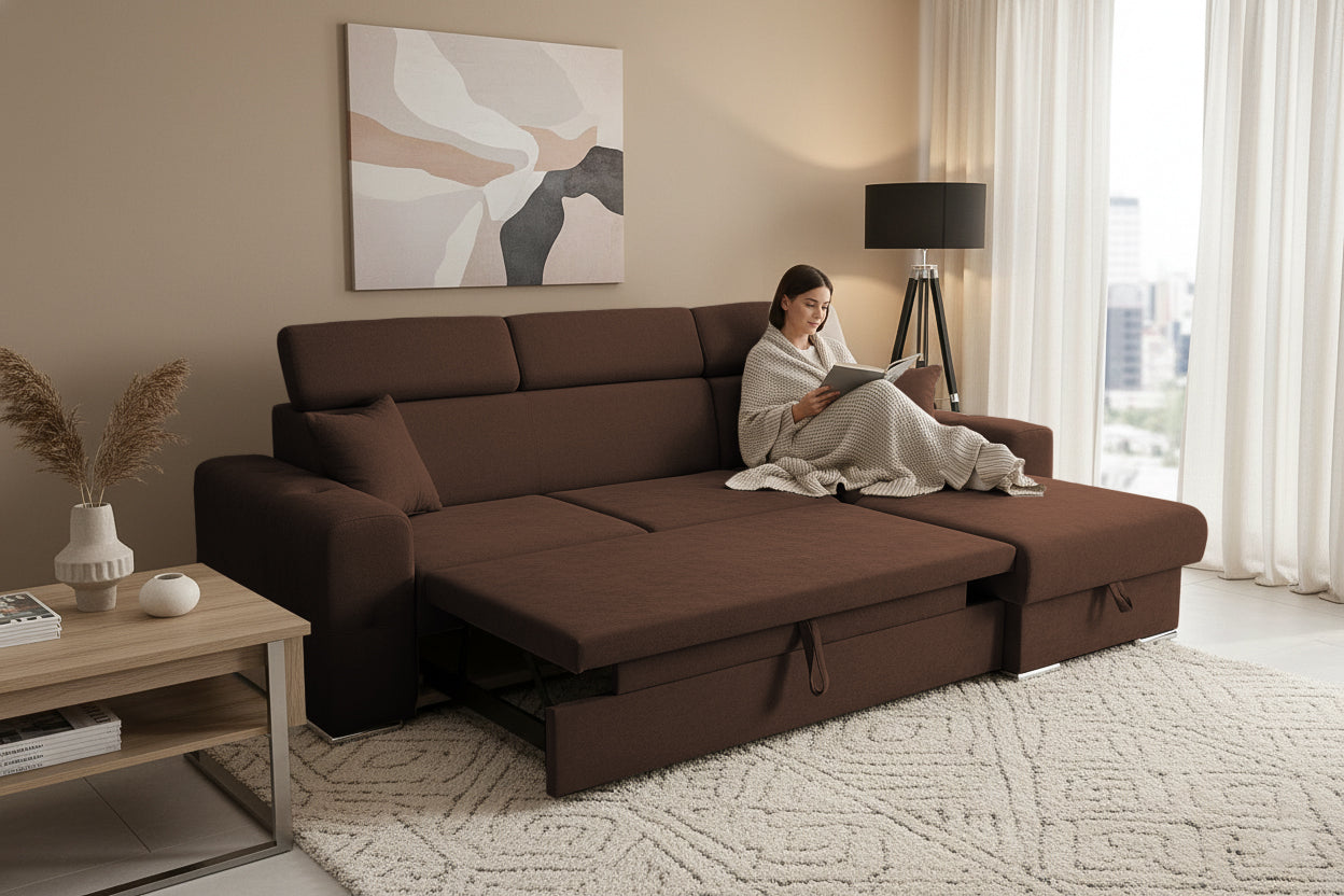 Colțar Extensibil BELLAGIO, șezlong interschimbabil, cu ladă de depozitare, cu tetiere reglabile, 280x170x100 cm Prestige Home