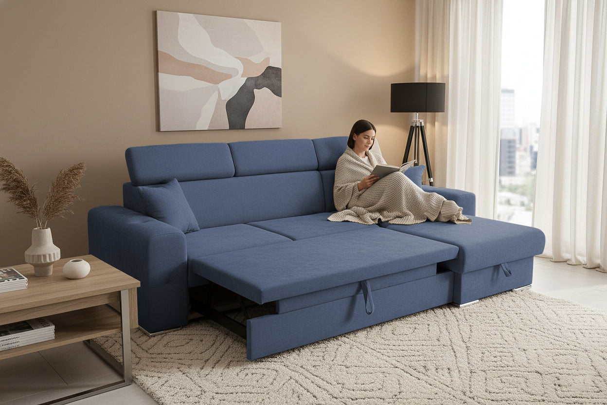 Colțar Extensibil BELLAGIO, șezlong interschimbabil, cu ladă de depozitare, cu tetiere reglabile, 280x170x100 cm Prestige Home