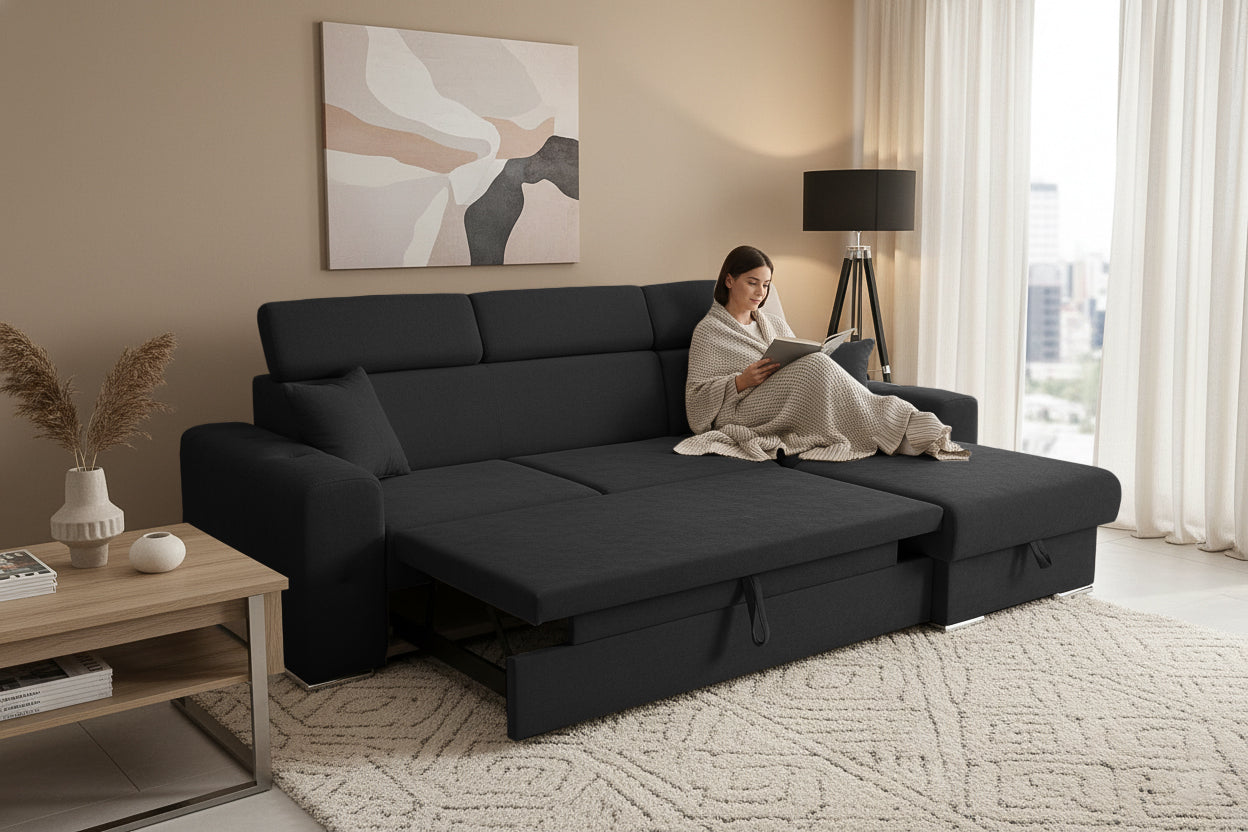 Colțar Extensibil BELLAGIO, șezlong interschimbabil, cu ladă de depozitare, cu tetiere reglabile, 280x170x100 cm Prestige Home