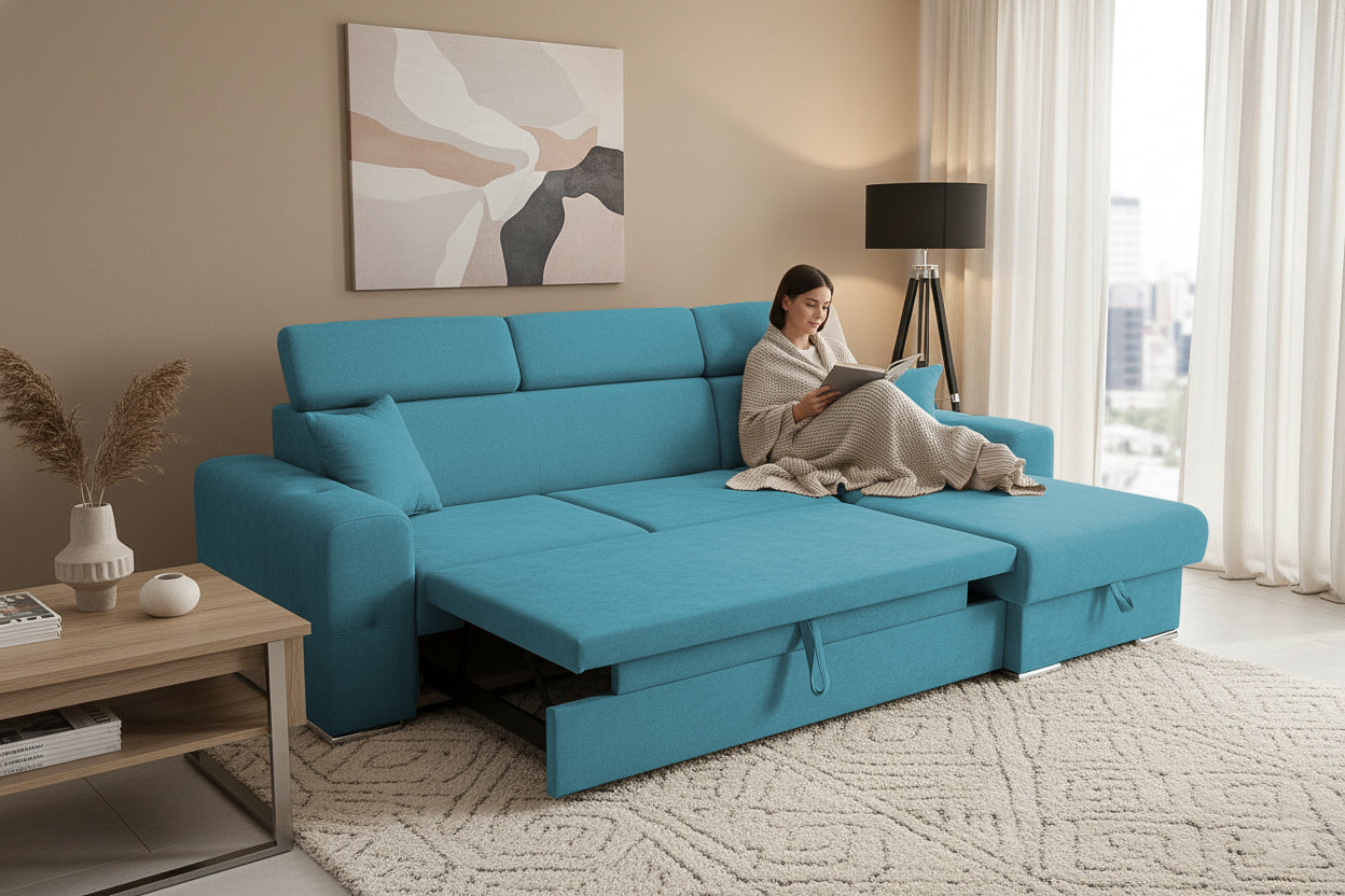 Colțar Extensibil BELLAGIO, șezlong interschimbabil, cu ladă de depozitare, cu tetiere reglabile, 280x170x100 cm Prestige Home