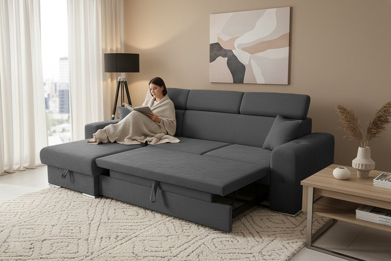 Colțar Extensibil BELLAGIO, șezlong interschimbabil, cu ladă de depozitare, cu tetiere reglabile, 280x170x100 cm Prestige Home