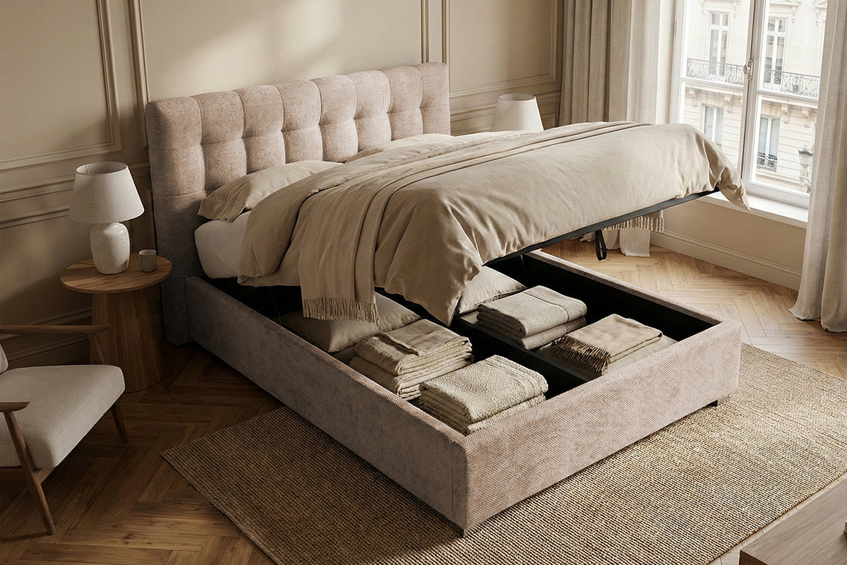 Pat Tapițat Strasbourg Premium, cu somieră rabatabilă și ladă depozitare Prestige Home