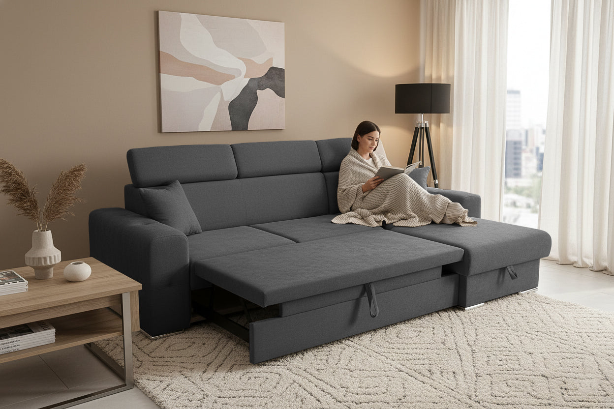 Colțar Extensibil BELLAGIO, șezlong interschimbabil, cu ladă de depozitare, cu tetiere reglabile, 280x170x100 cm Prestige Home