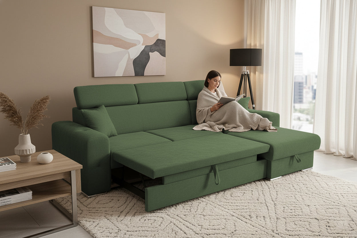 Colțar Extensibil BELLAGIO, șezlong interschimbabil, cu ladă de depozitare, cu tetiere reglabile, 280x170x100 cm Prestige Home