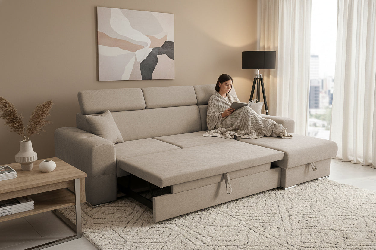 Colțar Extensibil BELLAGIO, șezlong interschimbabil, cu ladă de depozitare, cu tetiere reglabile, 280x170x100 cm Prestige Home