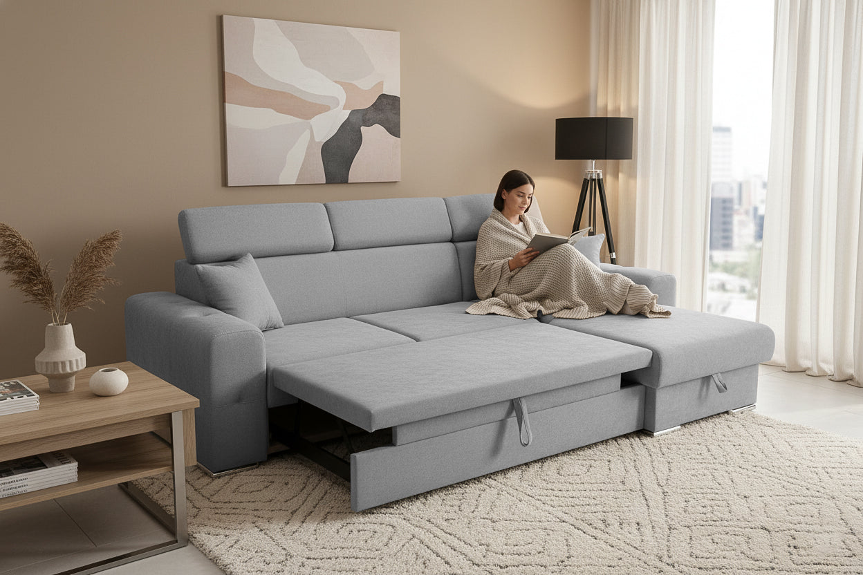 Colțar Extensibil BELLAGIO, șezlong interschimbabil, cu ladă de depozitare, cu tetiere reglabile, 280x170x100 cm Prestige Home