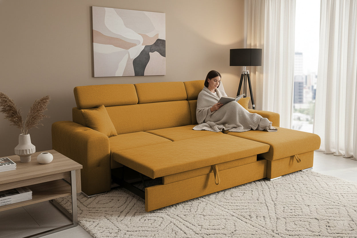 Colțar Extensibil BELLAGIO, șezlong interschimbabil, cu ladă de depozitare, cu tetiere reglabile, 280x170x100 cm Prestige Home