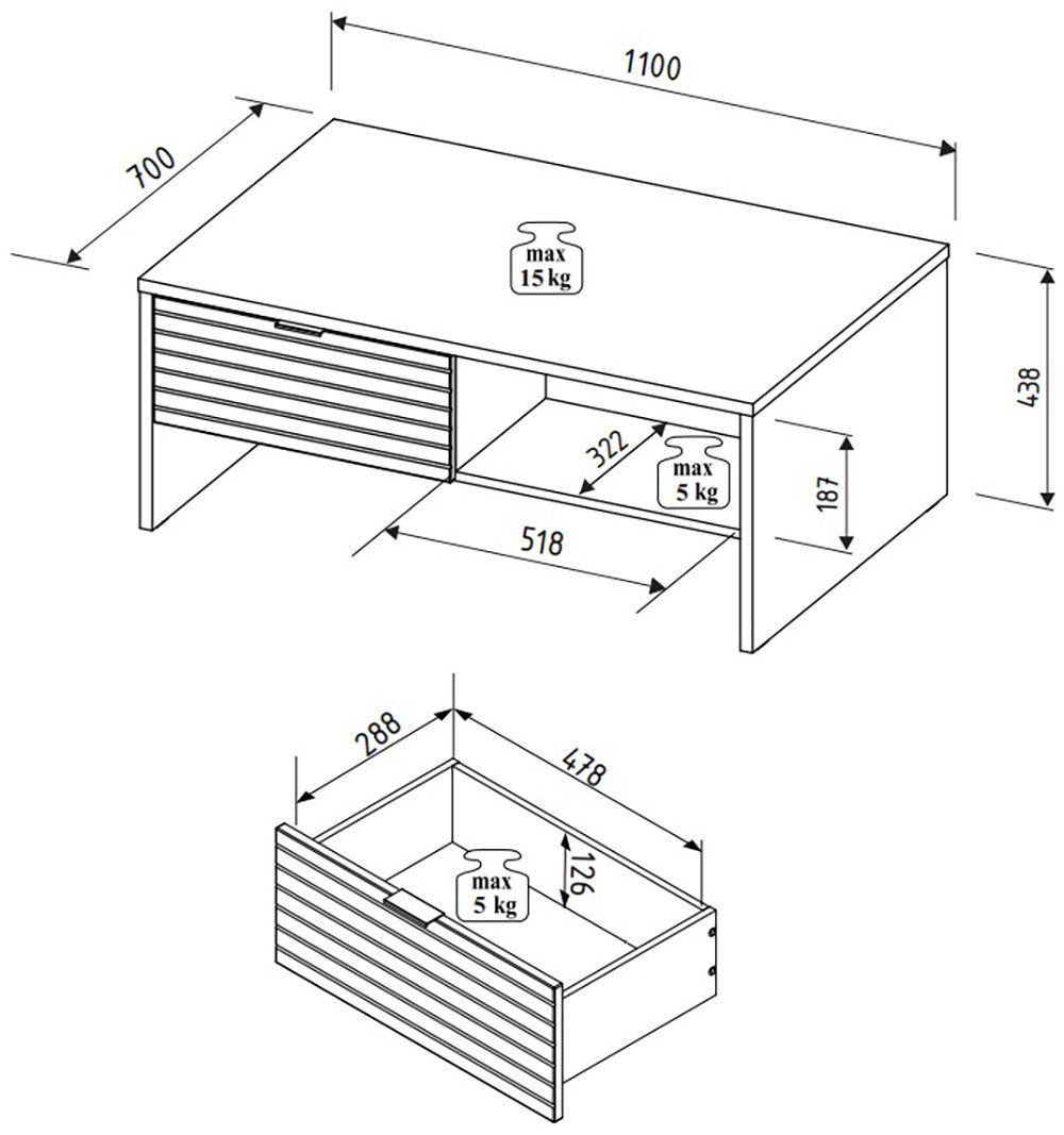 Măsuță de cafea INA, cu sertare și depozitare, PAL, 110×65×44 cm Arboteca