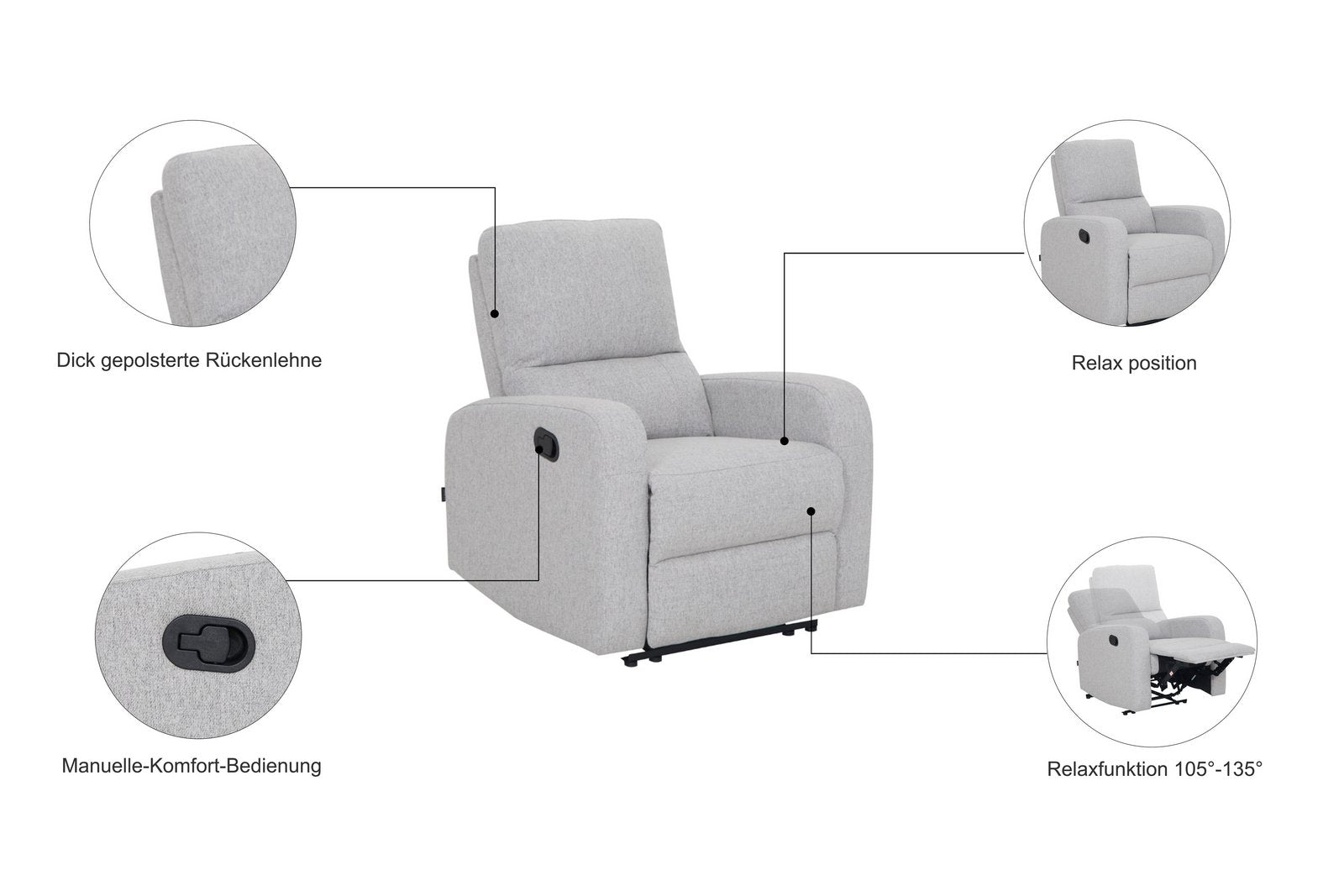 Fotoliu recliner Tournay cu suport picioare, textil gri închis Arboteca