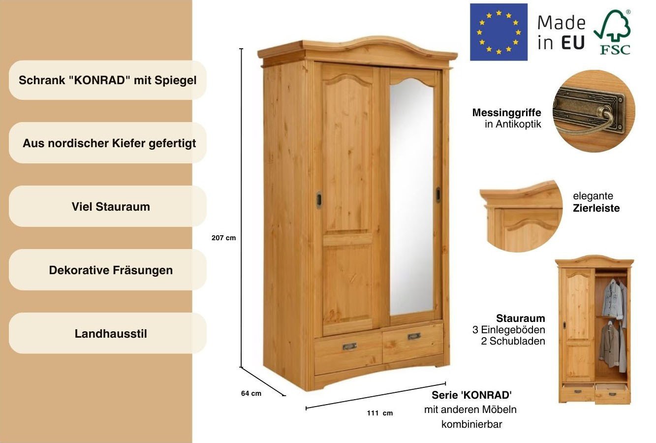 Dulap Konrad cu uși glisante, pin masiv natur, 111×207×64 cm Arboteca