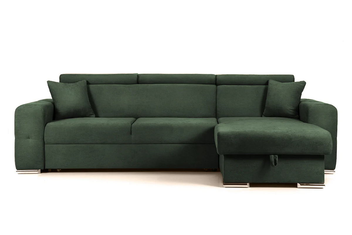 Colțar Extensibil BELLAGIO, șezlong interschimbabil, cu ladă de depozitare, cu tetiere reglabile, 280x170x100 cm Verde-Enjoy Dreapta Prestige Home