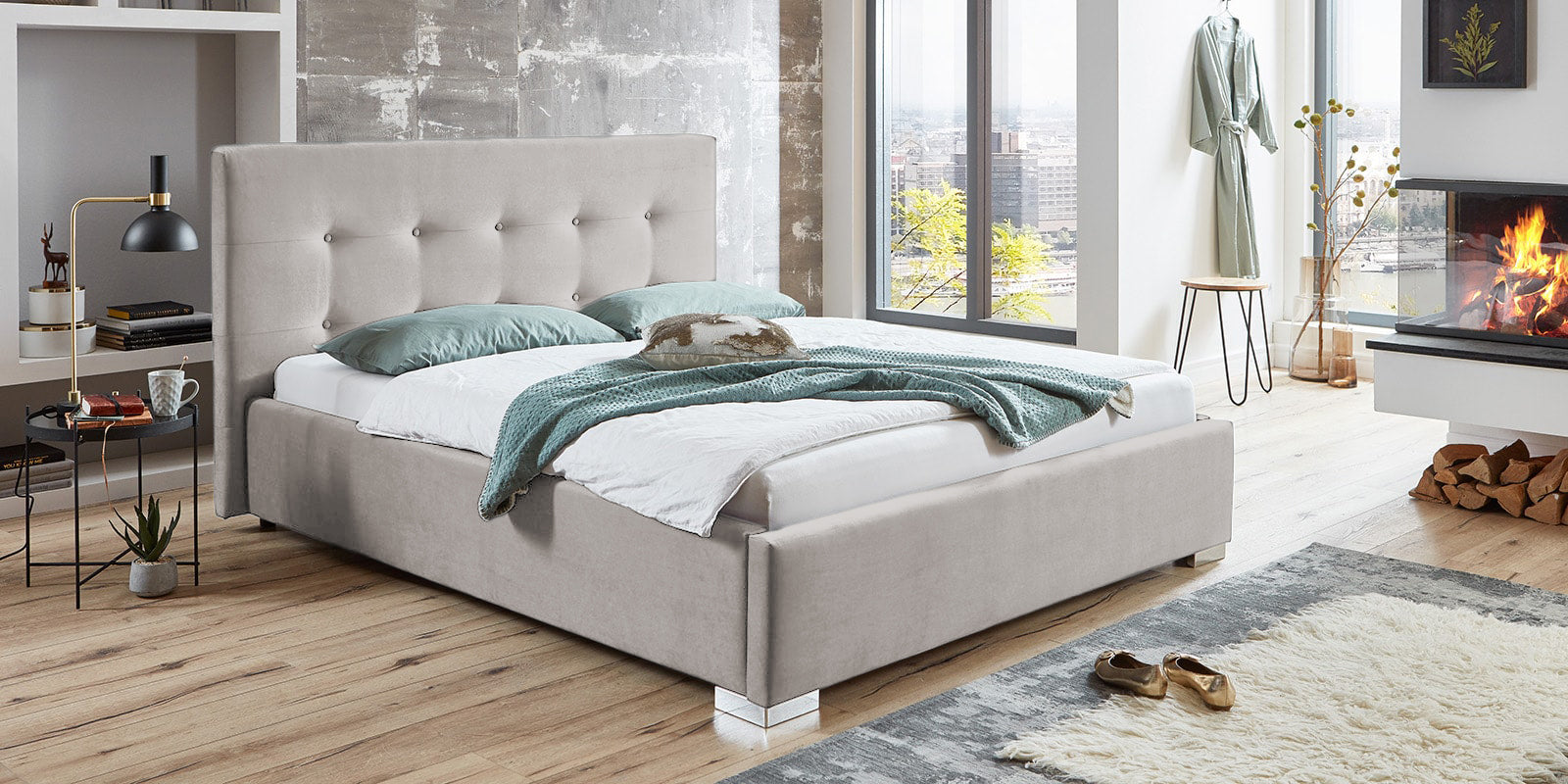 Pat Tapitat Lille, cu Lada Rabatabil, Velur-Antracit, Prestigehome.ro, Prestige, #Color_swing-bej