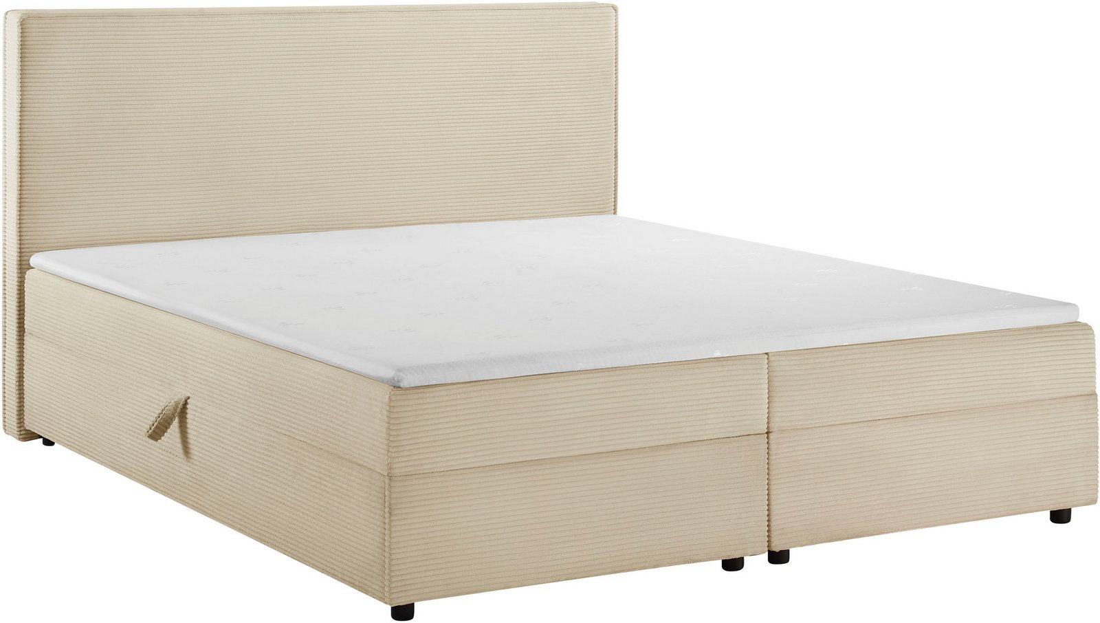 Pat tapițat Eliaas 180×200 din catifea reiată, cu ladă și topper, crem Arboteca