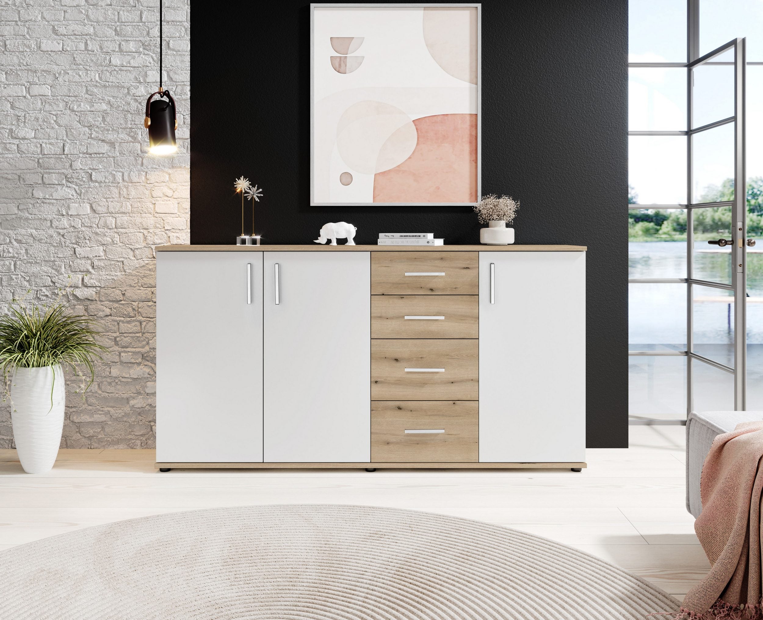 Comodă cu 3 uși și 4 sertare, Stejar Rustica / Alb, 160×84 cm Arboteca