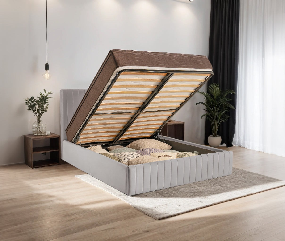 Pat Tapițat Sara, cu somieră rabatabilă și ladă depozitare #color_Gri-Deschis-Velluto