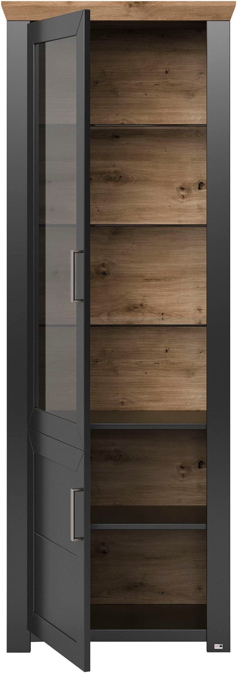 Vitrină York gri antracit / stejar, 207 cm înălțime, cu uși din sticlă și rafturi din sticlă Arboteca