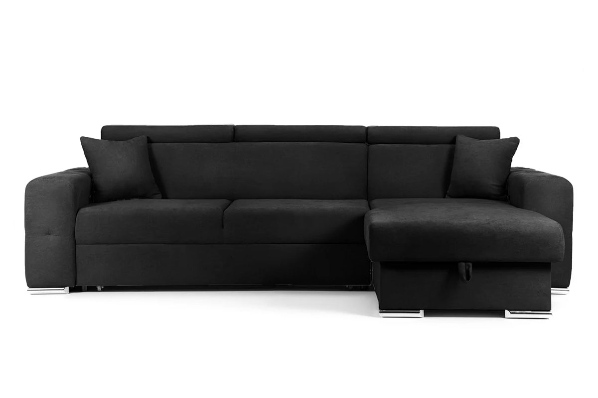 Colțar Extensibil BELLAGIO, șezlong interschimbabil, cu ladă de depozitare, cu tetiere reglabile, 280x170x100 cm Negru-Enjoy Dreapta Prestige Home