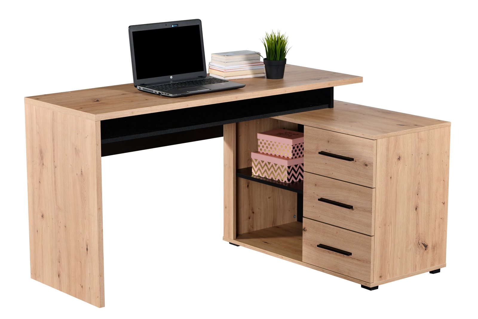 Birou Arhimed pentru home office, stejar artisan/negru, 137×75×101 cm Arboteca