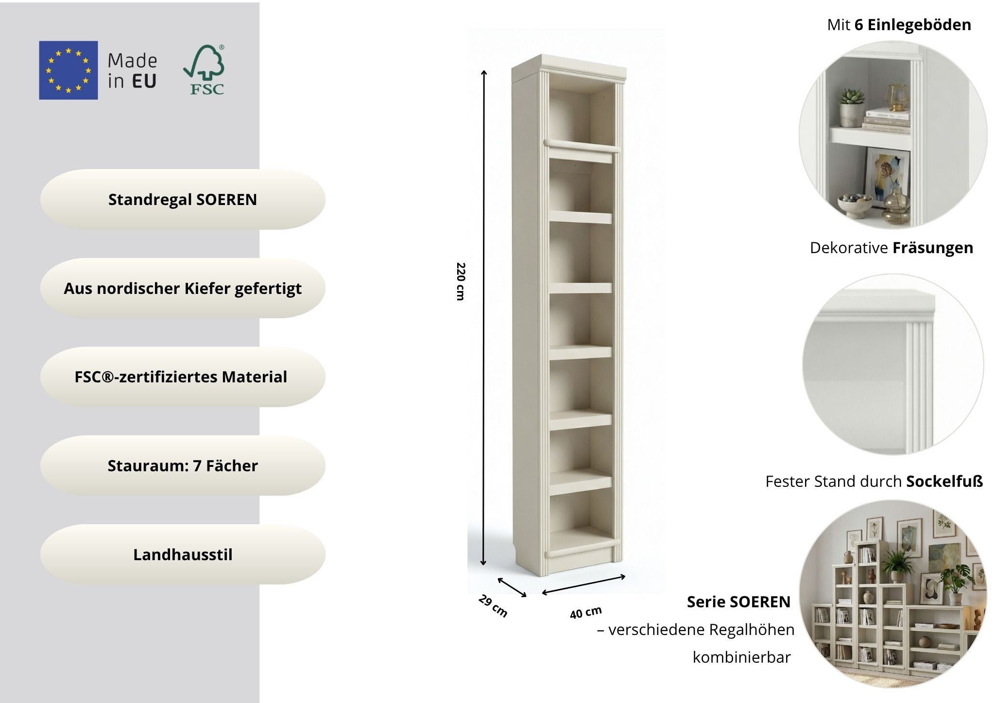 Bibliotecă Soeren din lemn masiv de pin, 7 rafturi, 40×29×220 cm – alb crem Arboteca