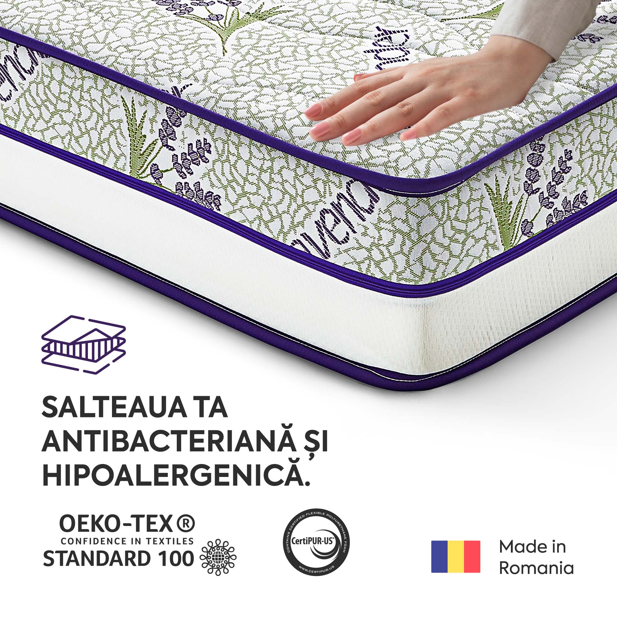Saltea LAVENDER AIR HYGENE THERAPY,  husă detașabilă, superortopedică, cu spumă poliuretanică și arcuri, Grosime 25 cm