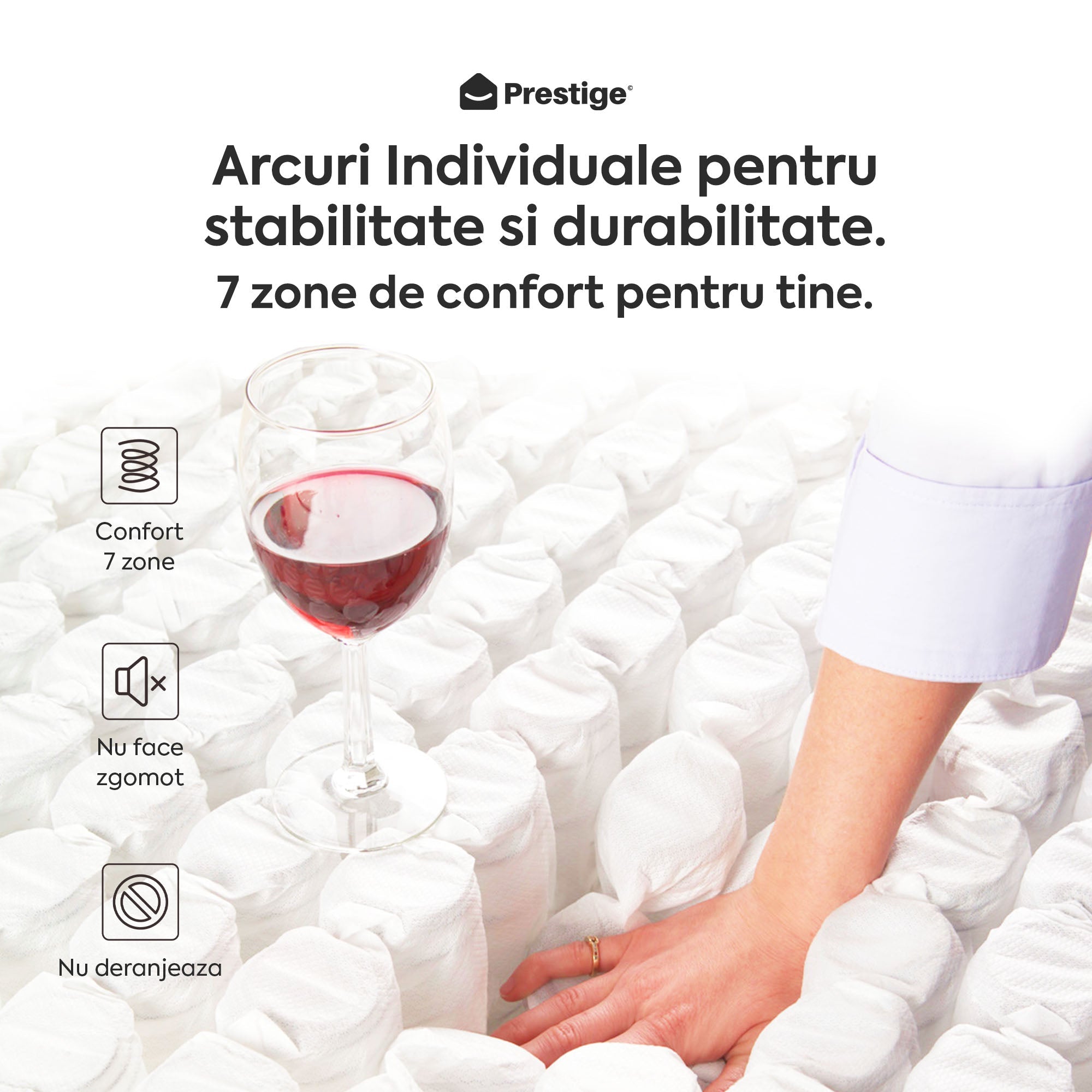  Saltea HYBRID, 7 zone de confort, Arcuri Individuale, husă antibacteriană, superortopedică, Grosime 24 cm - Prestige Home 