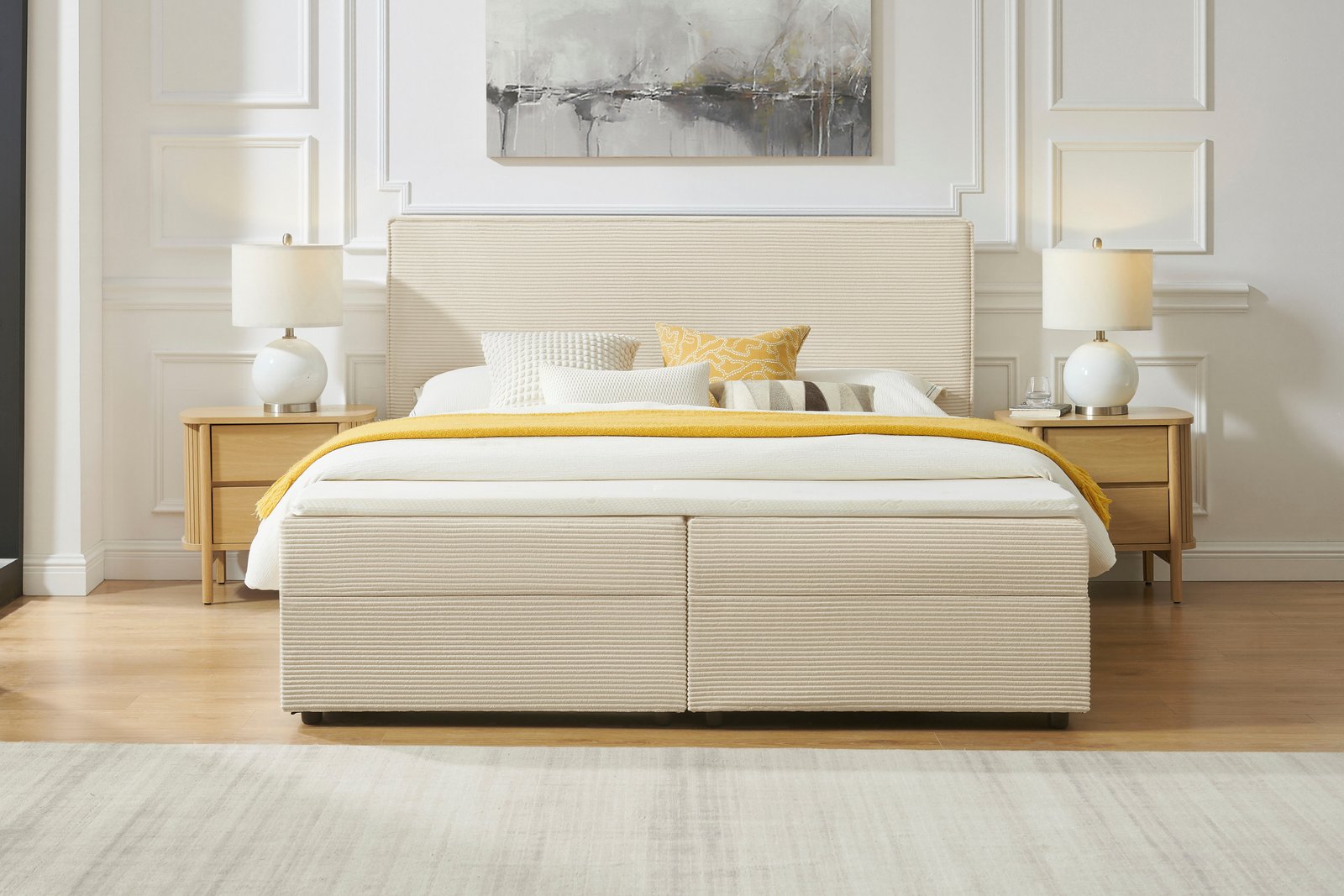 Pat tapițat Eliaas 180×200 din catifea reiată, cu ladă și topper, crem Arboteca