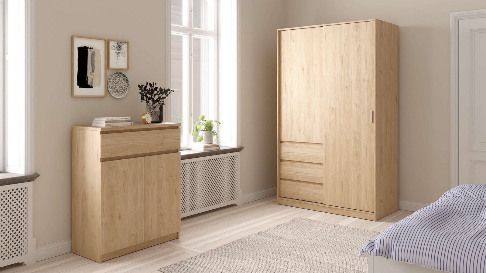 Dulap Naia cu uși glisante și 3 sertare, aspect lemn, 118×200×60 cm Arboteca