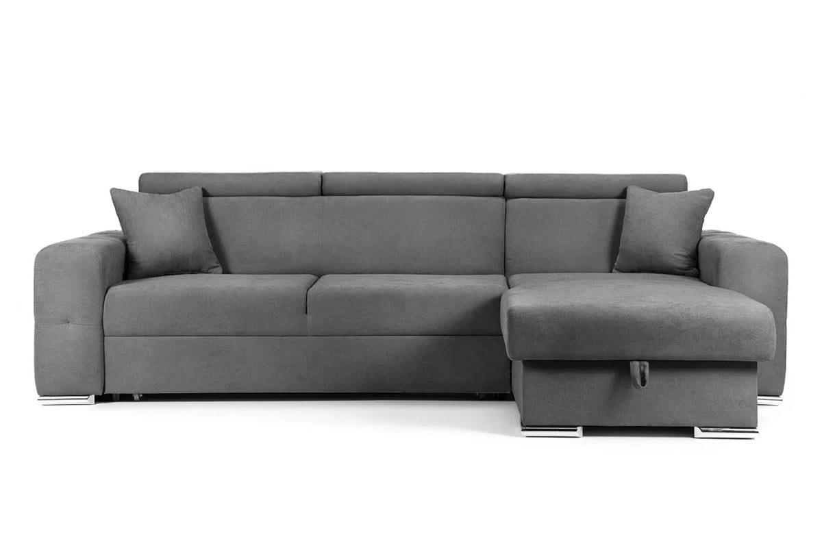Colțar Extensibil BELLAGIO, șezlong interschimbabil, cu ladă de depozitare, cu tetiere reglabile, 280x170x100 cm Gri-Inchis-Enjoy Dreapta Prestige Home