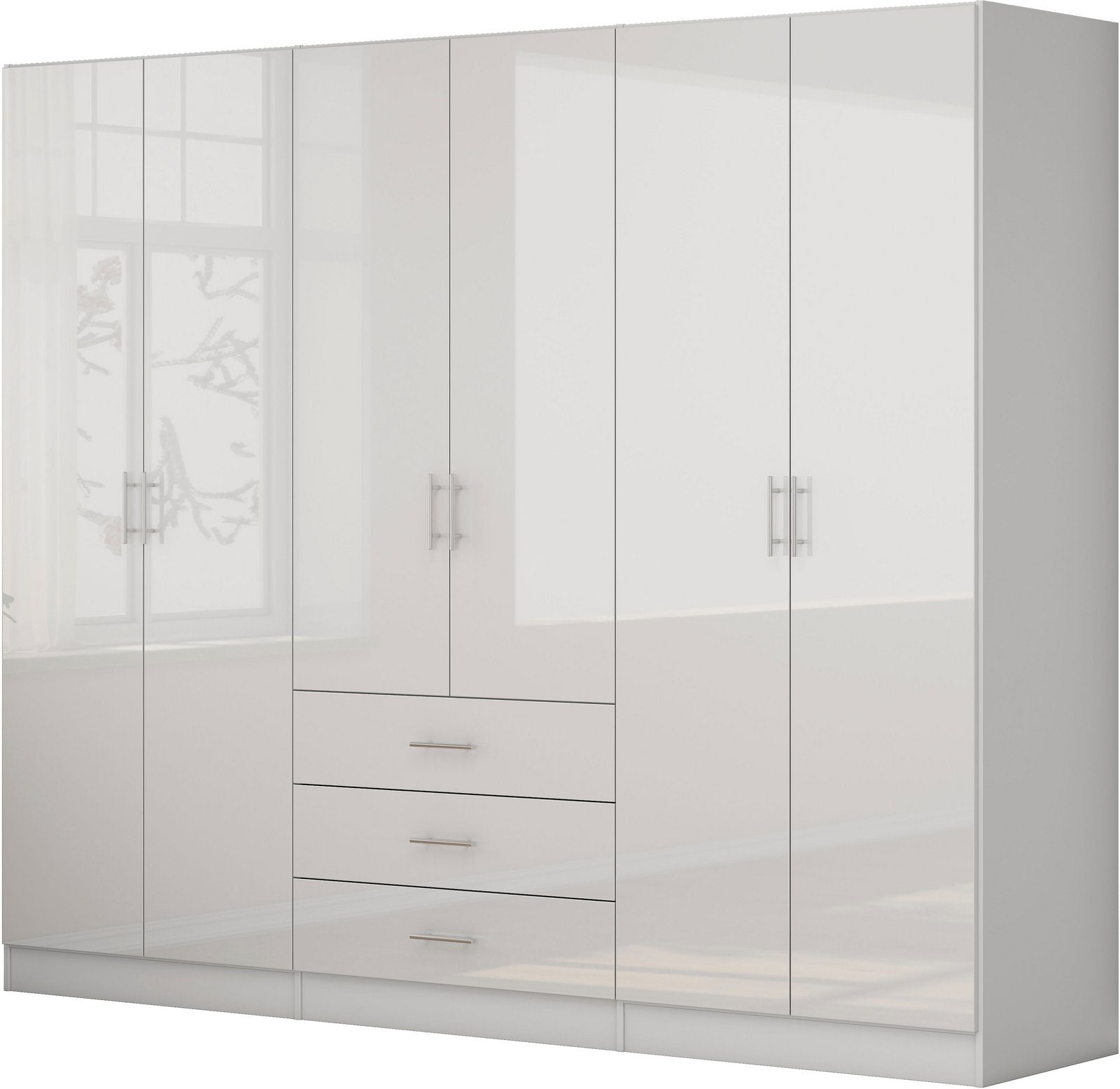 Dulap Trento cu 6 uși și 3 sertare, alb lucios, 240×200×56 cm Arboteca