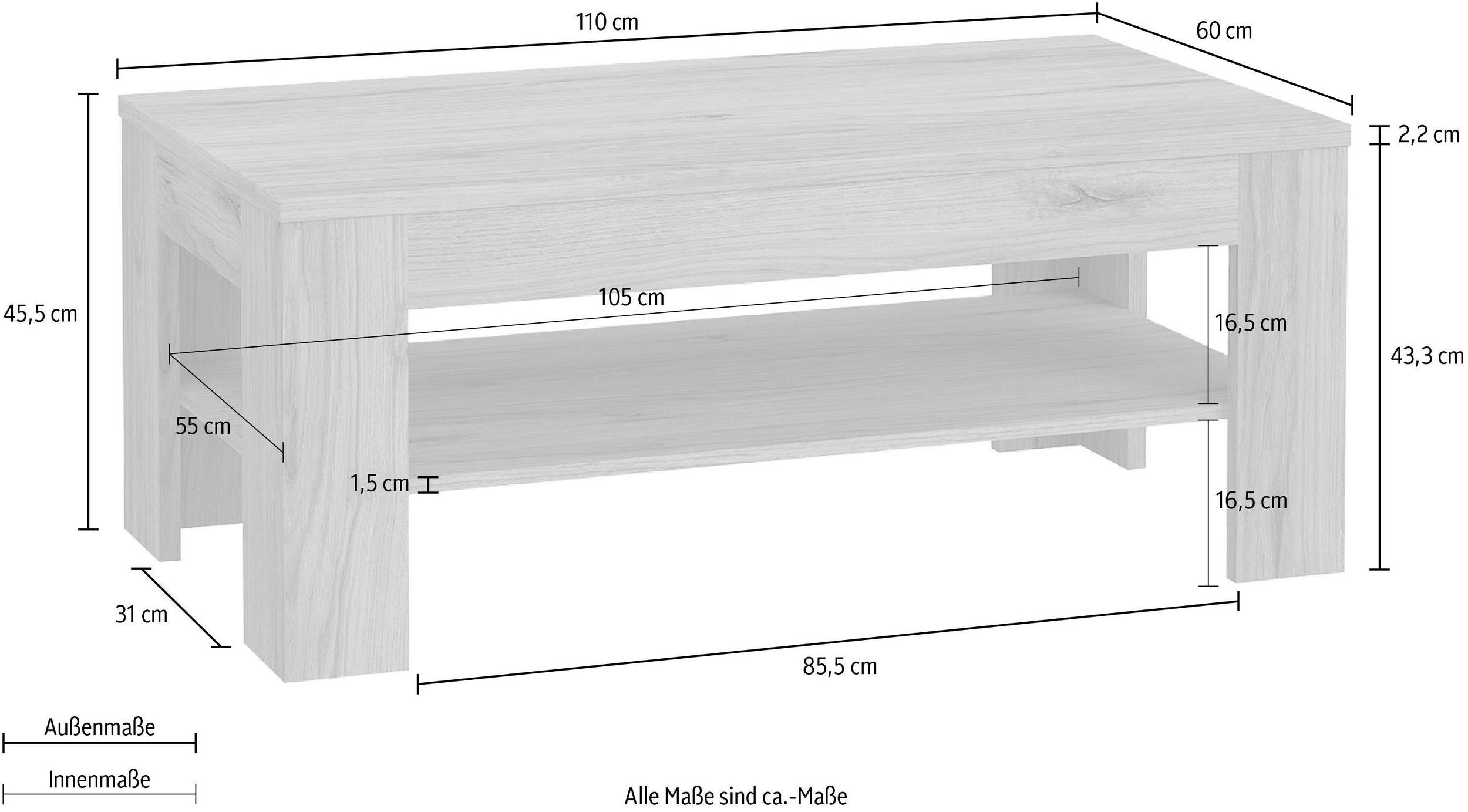 Măsuță de cafea FORTE cu raft, PAL, aspect lemn, 110×60×45,5 cm Arboteca