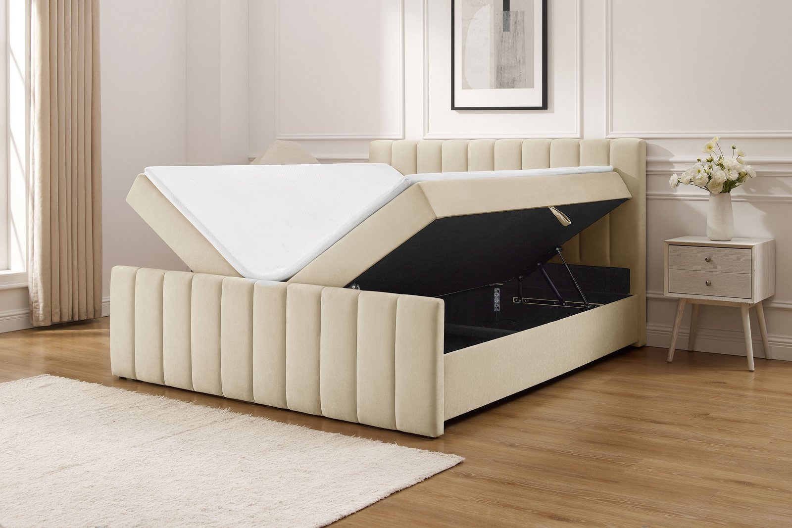 Pat tapițat Yanna 180×200 cu ladă și topper, bej Arboteca