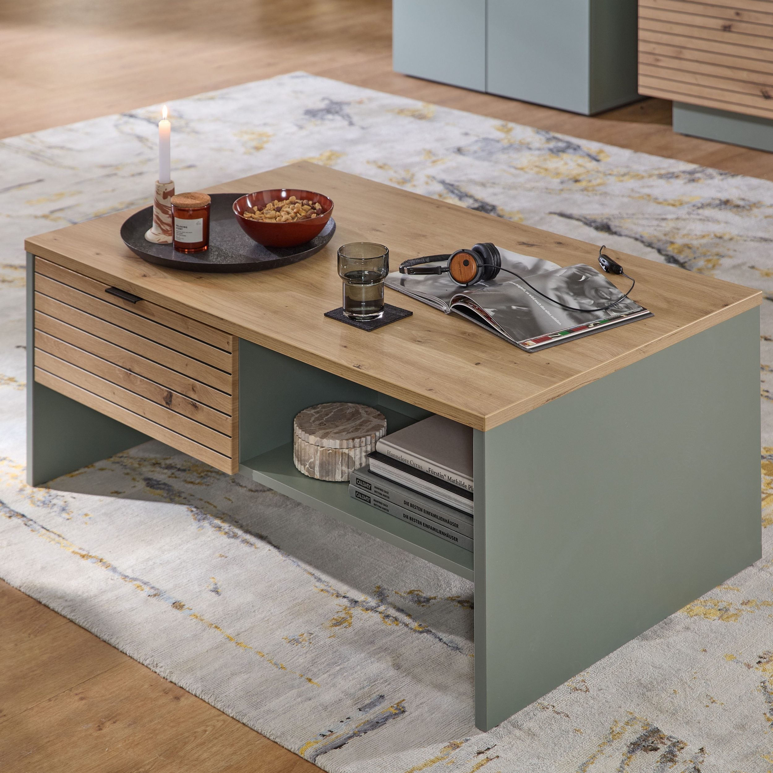 Măsuță de cafea INA, cu sertare și depozitare, PAL, 110×65×44 cm Arboteca