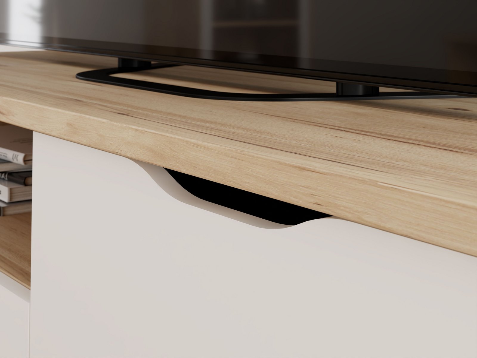 Comodă TV Vankka scandinavă, alb/lemn, 124×54×41 cm, picioare lemn masiv Arboteca