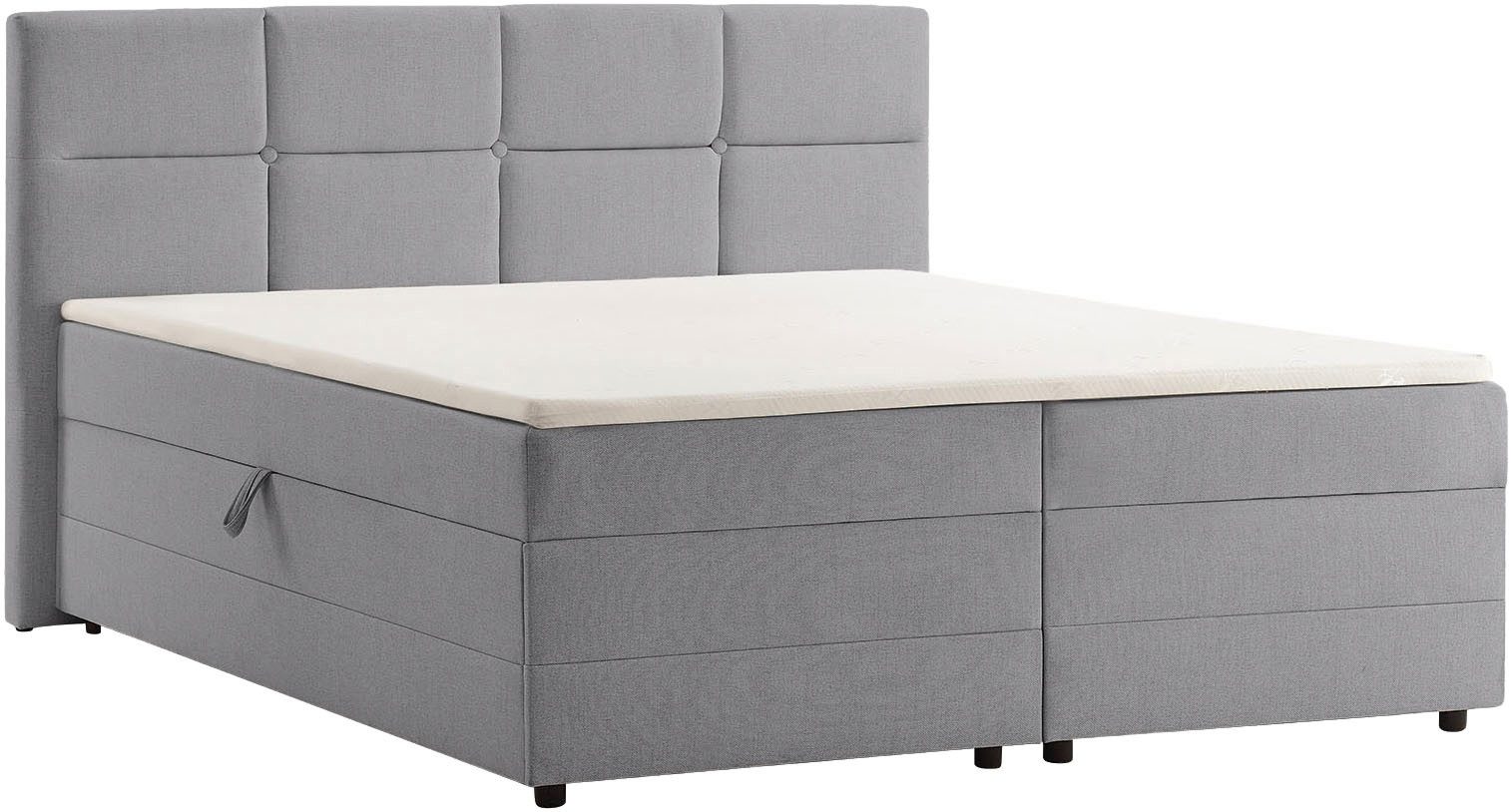 Pat tapițat Fillmore 180×200 cu ladă, saltea și topper, gri deschis Arboteca