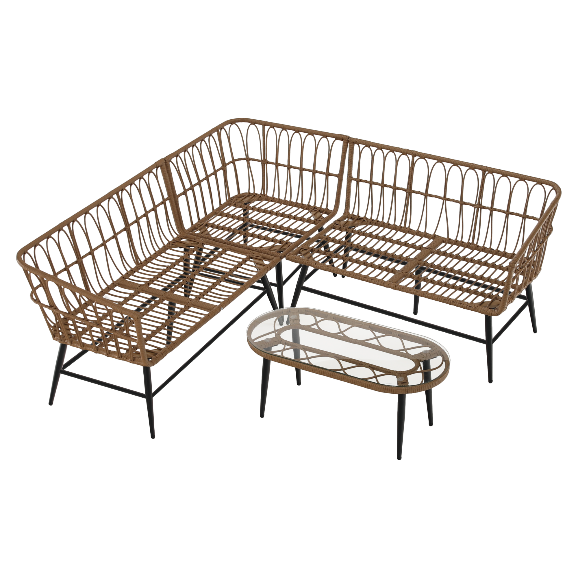 Set Grădină Ratan Sintetic ARALY | Colțar + Masă Sticlă Temperată | Natural/Bej/Negru | Kondela