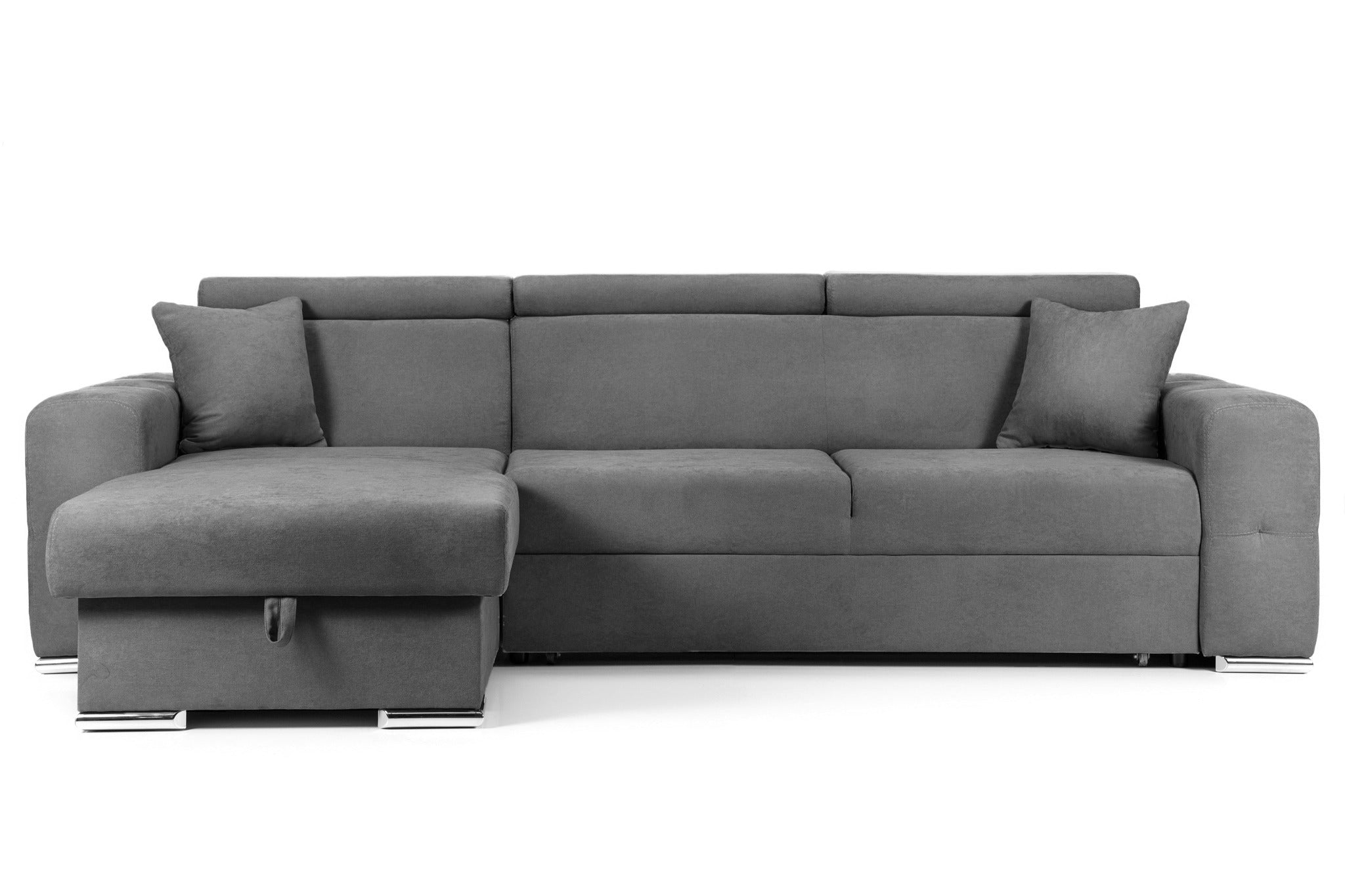 Colțar Extensibil BELLAGIO, șezlong interschimbabil, cu ladă de depozitare, cu tetiere reglabile, 280x170x100 cm Gri-Inchis-Enjoy Stanga Prestige Home