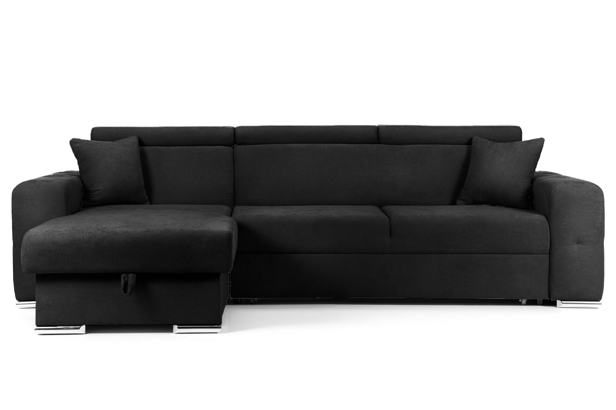 Colțar Extensibil BELLAGIO, șezlong interschimbabil, cu ladă de depozitare, cu tetiere reglabile, 280x170x100 cm Negru-Enjoy Stanga Prestige Home