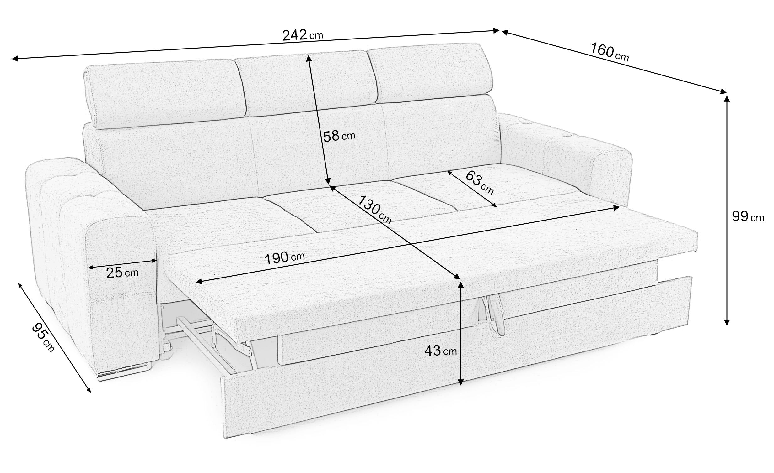 Canapea Extensibilă 3 locuri BELLAGIO, cu tetiere reglabile, 242x95x99 cm Prestige Home