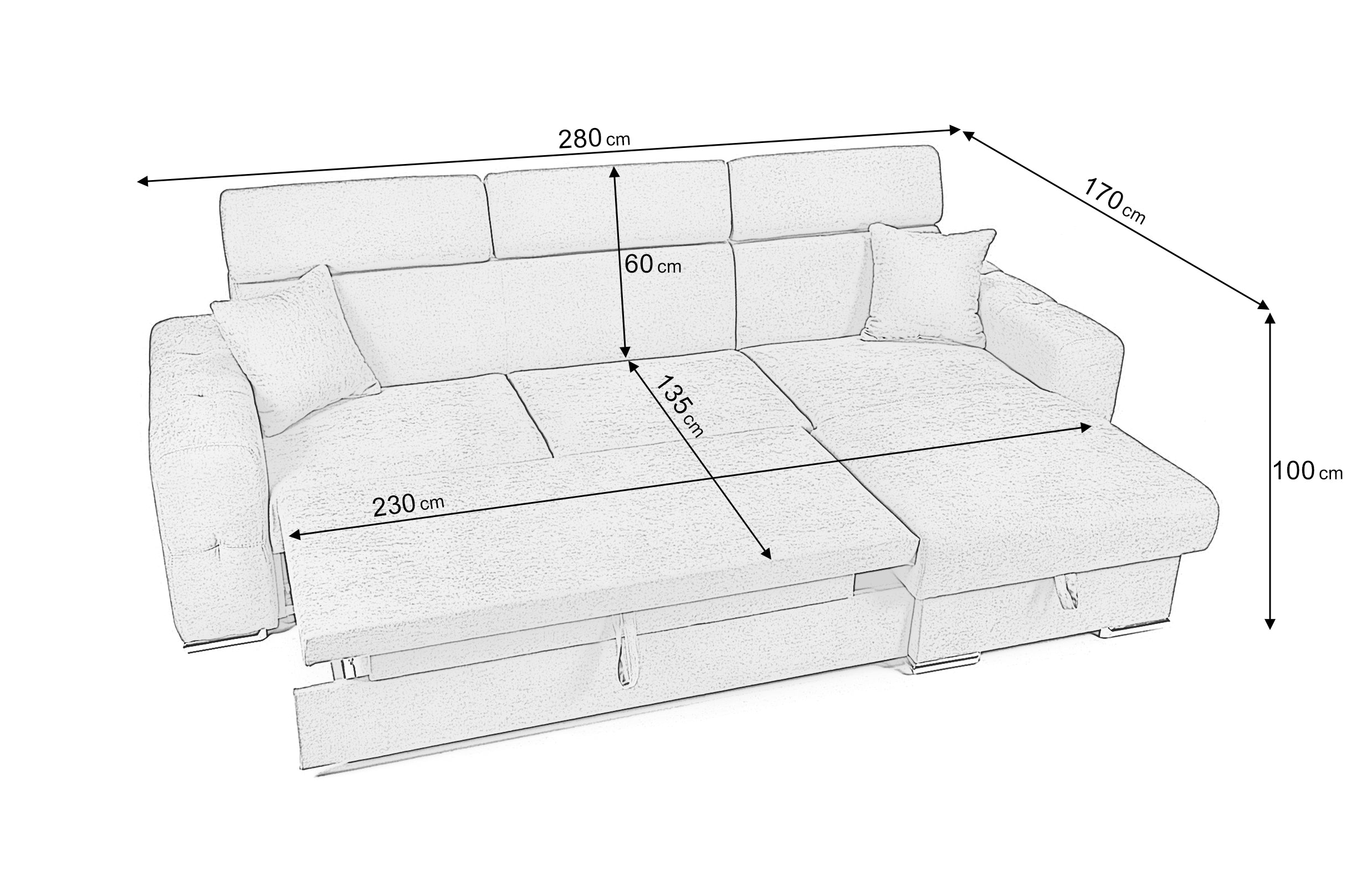 Colțar Extensibil BELLAGIO, șezlong interschimbabil, cu ladă de depozitare, cu tetiere reglabile, 280x170x100 cm Prestige Home