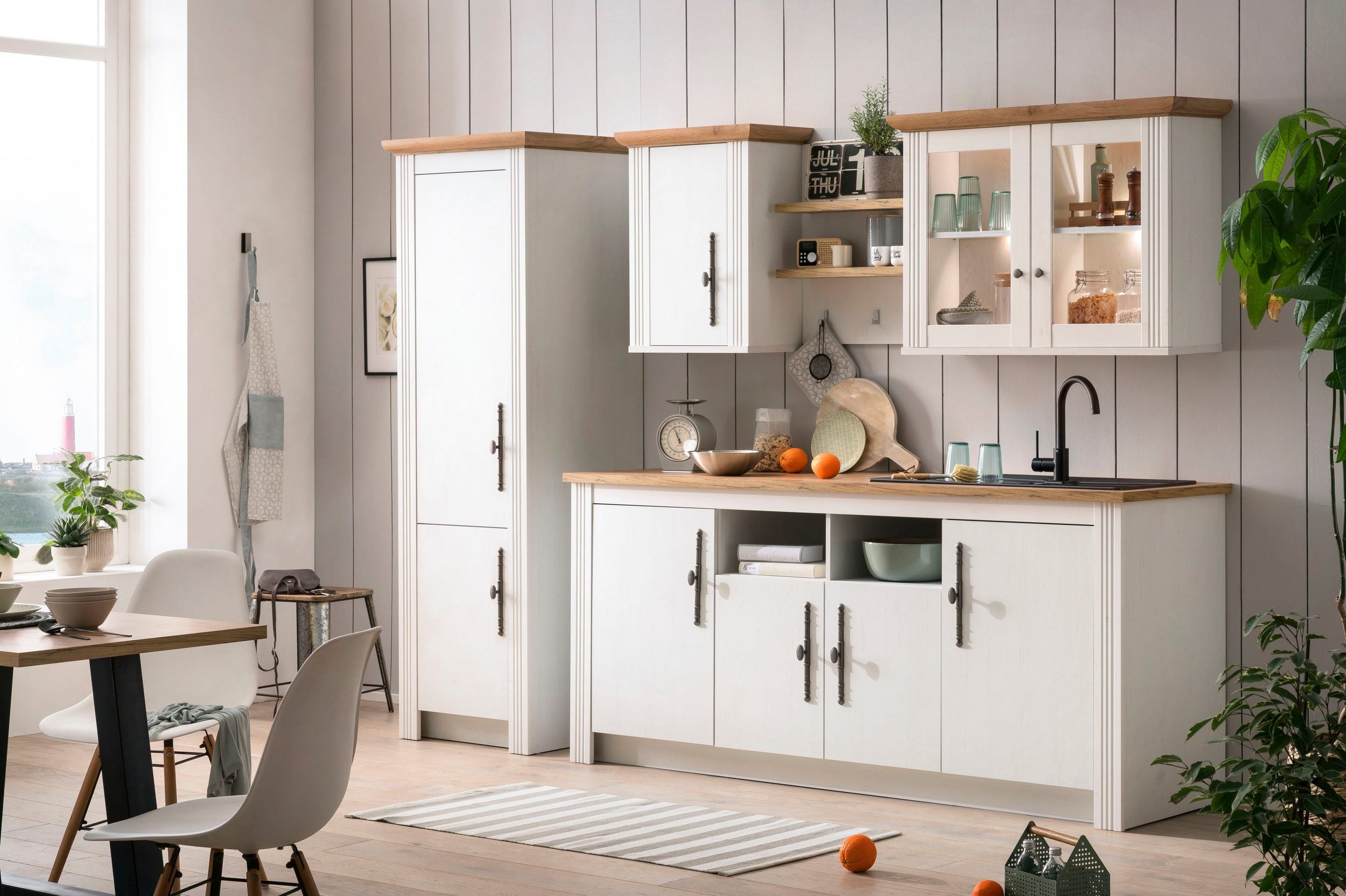 Bucătărie Westminster, 270 cm, MDF/PAL Melaminat, Alb Pin/Stejar Wotan, Dezasamblat Arboteca