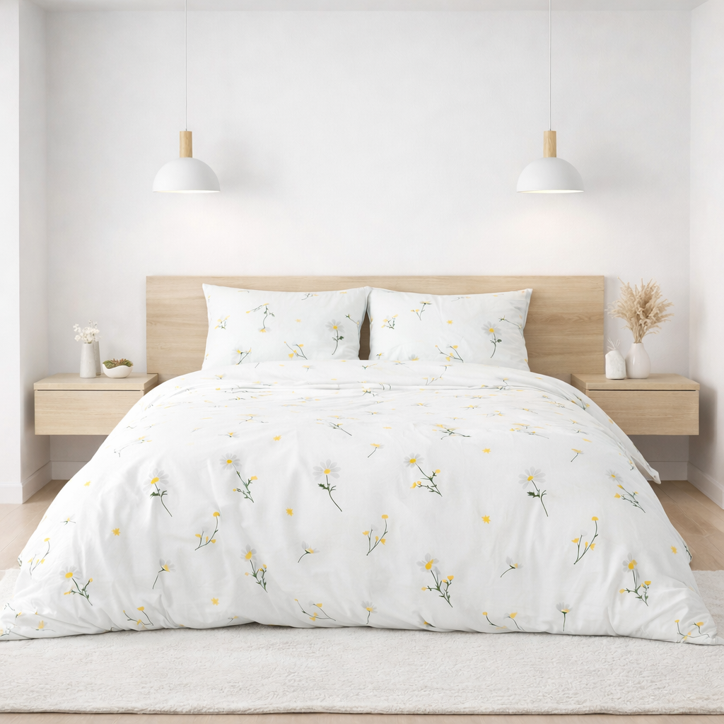 Lenjerie de pat flanel 100% bumbac, Flori de mușețel, 150 g/m², cu fermoar Arboteca