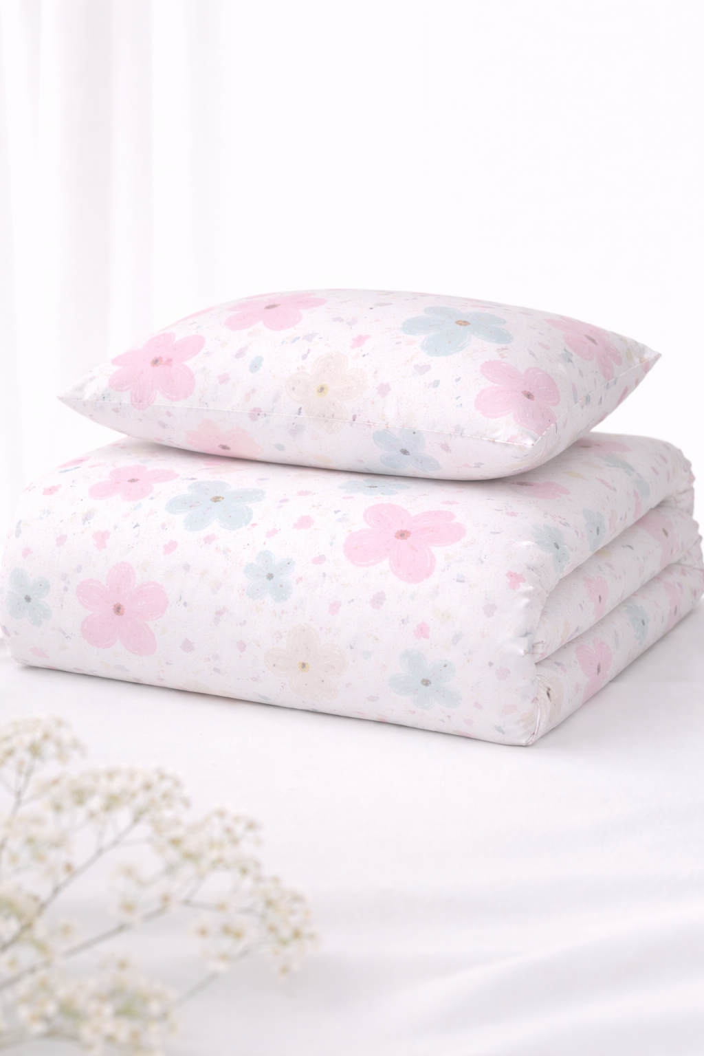 Lenjerie de pat bumbac satinat 100%, model flori pictate, 130 g/m², cu fermoar Arboteca