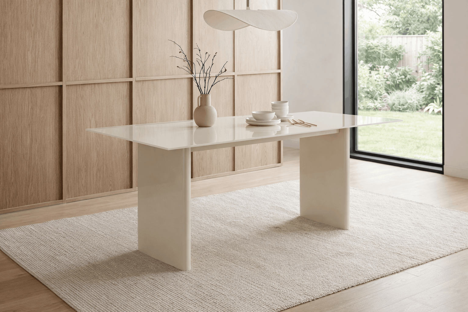 Masa Janita, Sticla, MDF, Creme, 220 cm latime Arboteca